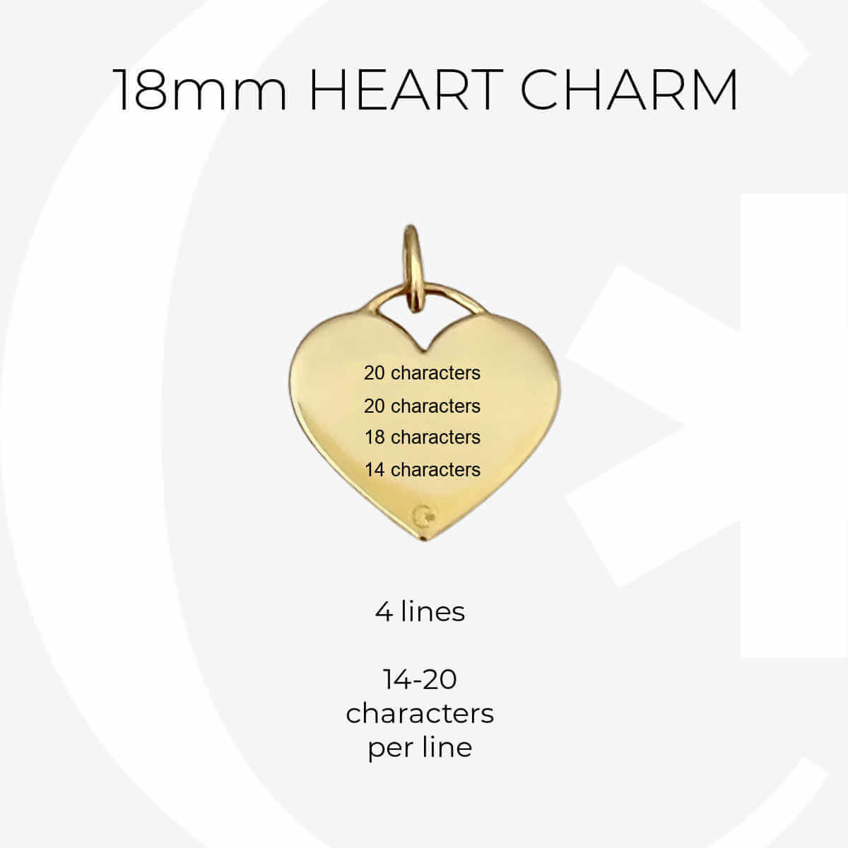 Gold medical ID heart charm infographic, custom engraving specs for 18mm medical alert 