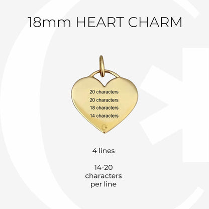 Gold medical ID heart charm infographic, custom engraving specs for 18mm medical alert 