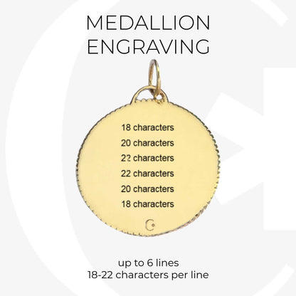 Engraving Specs for Gold Plated Sterling Silver Medical ID Medallion, CHARMED Medical Jewelry