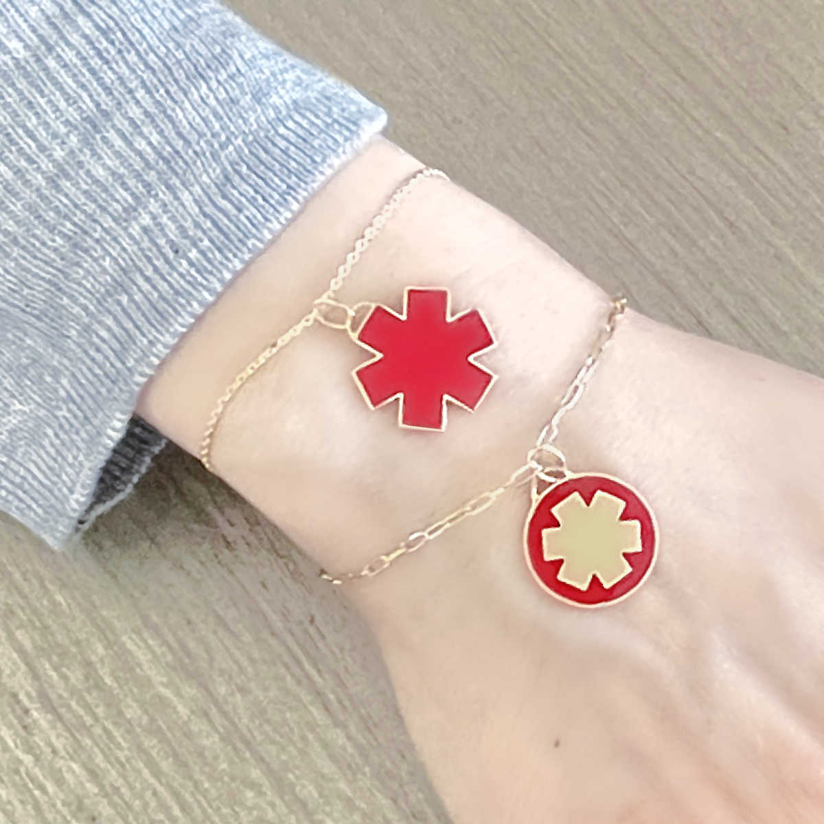 Gold Medical Alert Bracelet or Necklace Charm with Red Enamel | Custom Engraved Medical IDs & Diabetes Bracelets | CHARMED Medical Jewelry