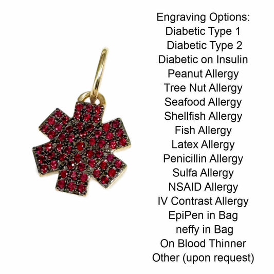 Medical ID Charm in 14k Gold and Ruby. Medical Alert Star of Life with listing of engraving options