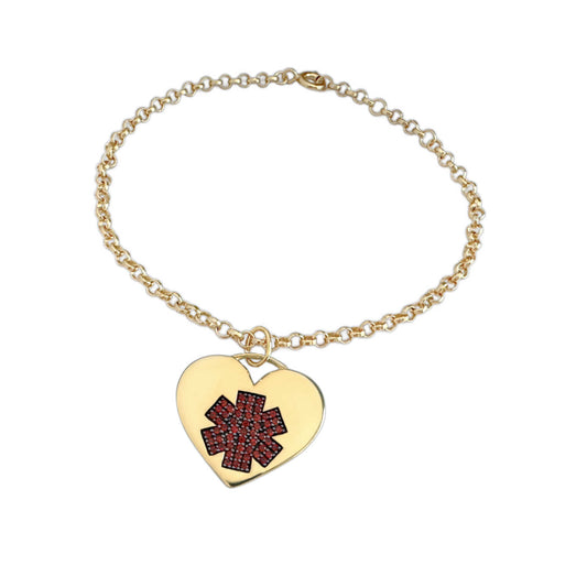 Heart Shaped Medical ID Bracelet in Gold Plated Sterling Silver & Garnet, Personalized Engraving, CHARMED Medical Jewelry