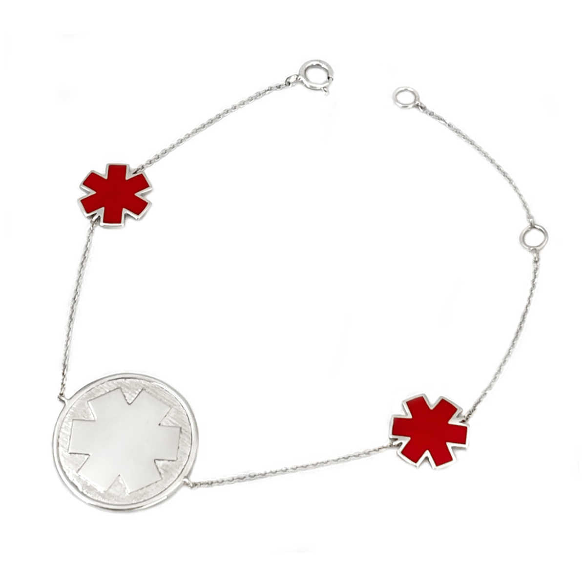 White Gold Medical ID Station Bracelet with Red Enamel