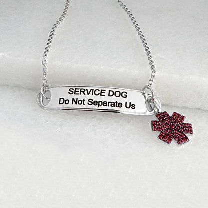 White gold amd ruby medical ID tag bracelet or necklace with personalized engraving shown on the outside