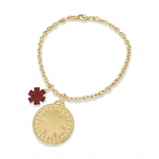 Gold Plated Sterling Silver Medical ID Charm Bracelet with Garnets, Personalized Engraving