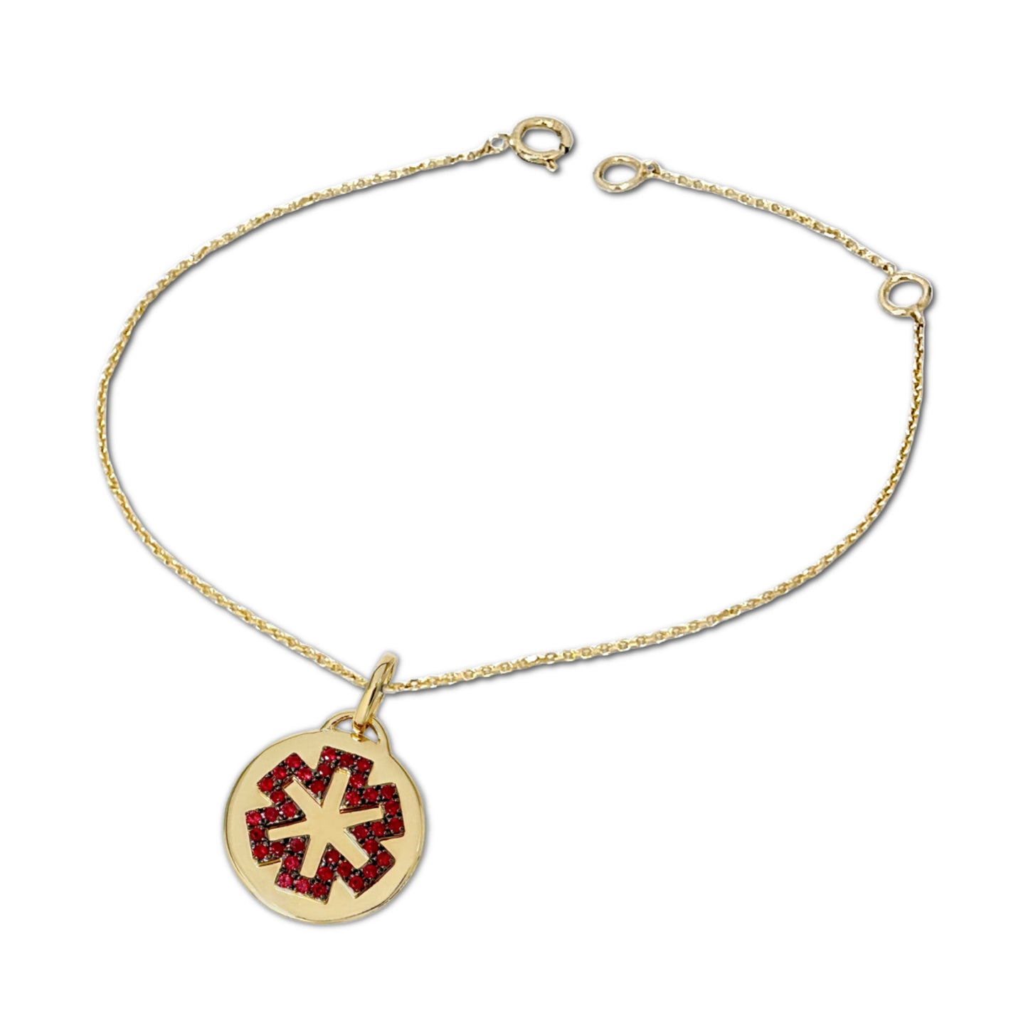 Medical ID Bracelet for Women | 14K Gold & Ruby Charm on Cabe Chain | Personalized Engraving from CHARMED Medical Jewelry