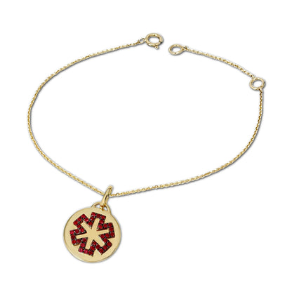 Medical ID Bracelet for Women | 14K Gold & Ruby Charm on Cabe Chain | Personalized Engraving from CHARMED Medical Jewelry