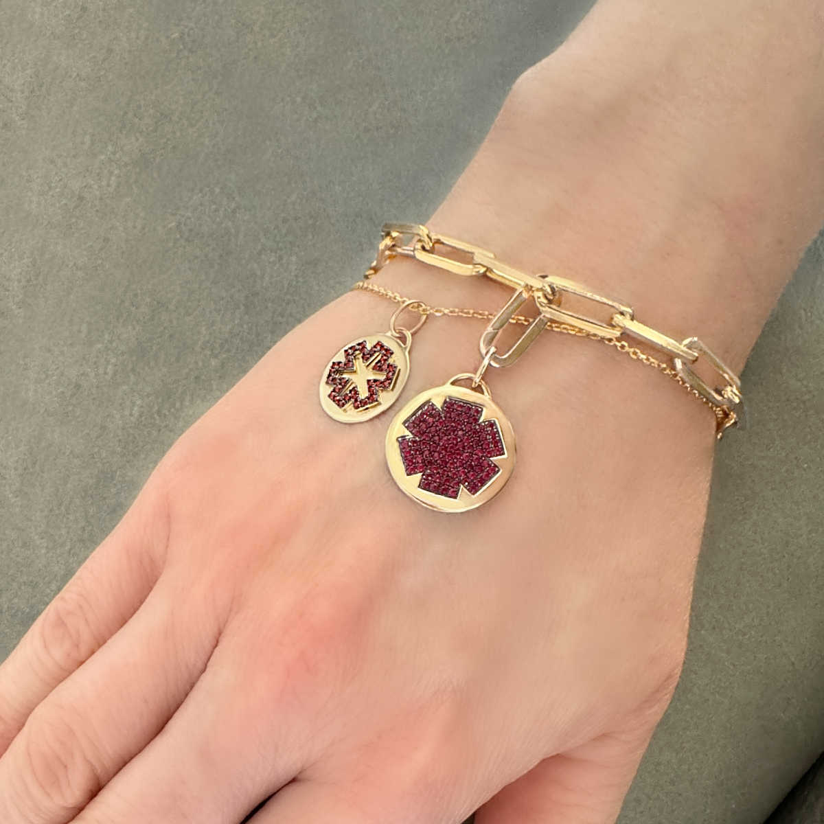 Medical Alert Charm for Bracelet | 14k Yellow Gold & Ruby | on Model