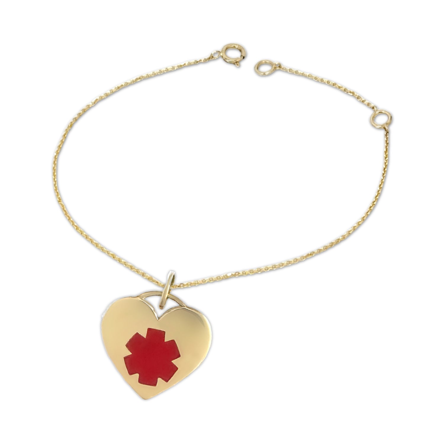 Gold medical ID bracelet with a heart-shaped medical alert pendant on a white background