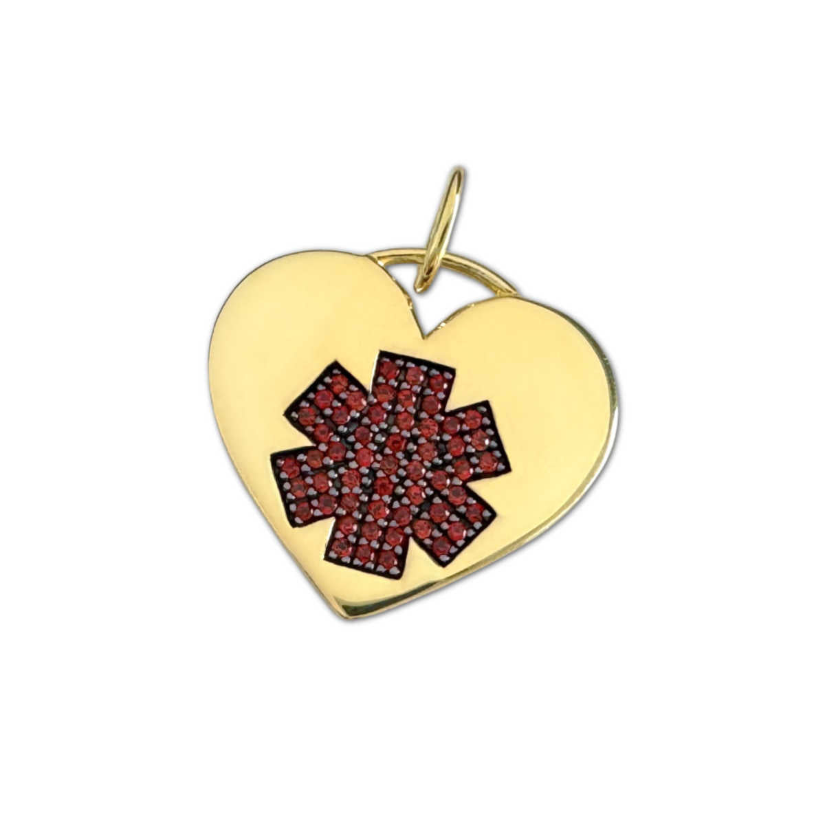 Heart Shaped Medical ID Charm in Gold Plated Sterling Silver & Garnet, Personalized Engraving, CHARMED Medical Jewelry