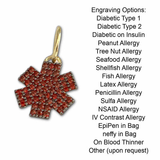 Medical ID Charm in 14k Gold Plated Sterling Silver and Garnet. Medical Alert Star of Life with listing of engraving options.
