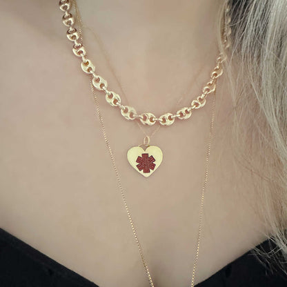 14k Gold Plated & Garnet Medical ID Heart Necklace