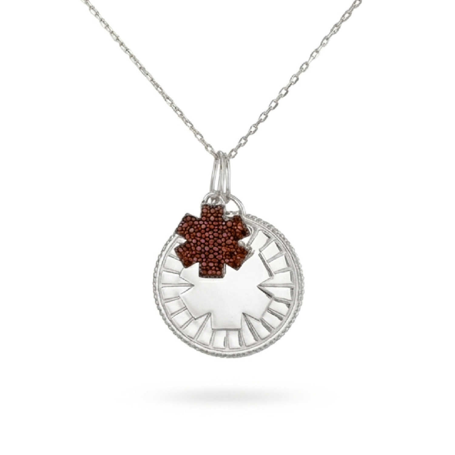 A sterling silver medical ID medallion necklace with a garnet jeweled star of life accent charm attached to a silver cable chain.