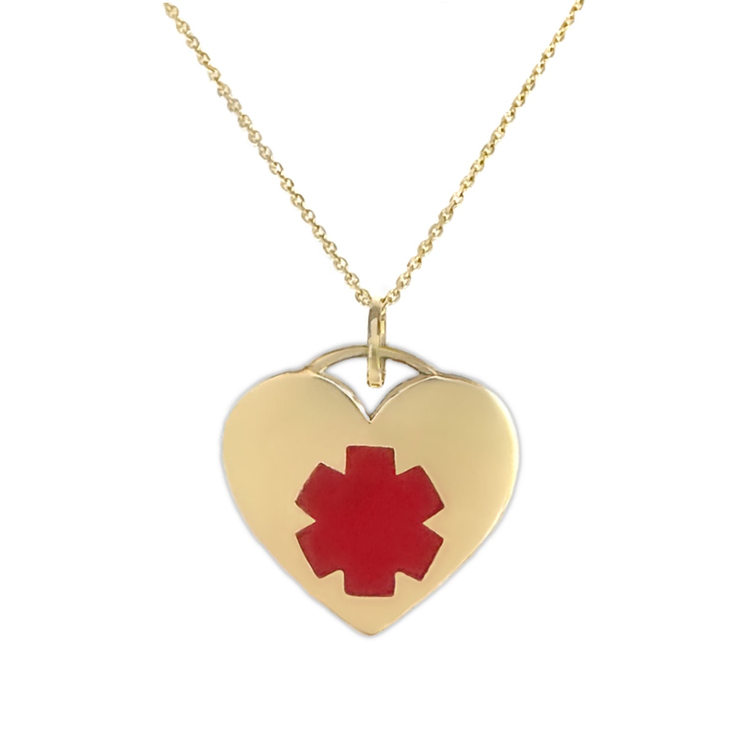 Gold heart-shaped medical ID pendant with red medical symbol, personalized medical alert necklace