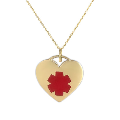 Gold heart-shaped medical ID pendant with red medical symbol, personalized medical alert necklace