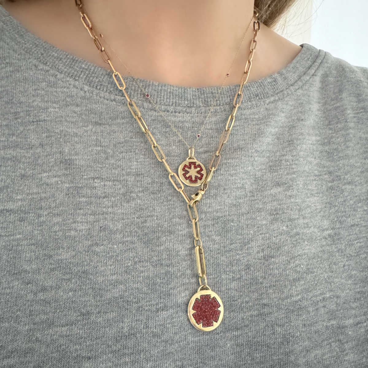 Gold & Ruby Medical Alert Pendant Necklace on Model