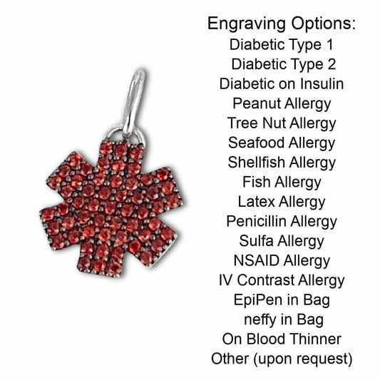 Medical ID Charm in Sterling Silver and Garnet. Medical Alert Star of Life with Engraving Options