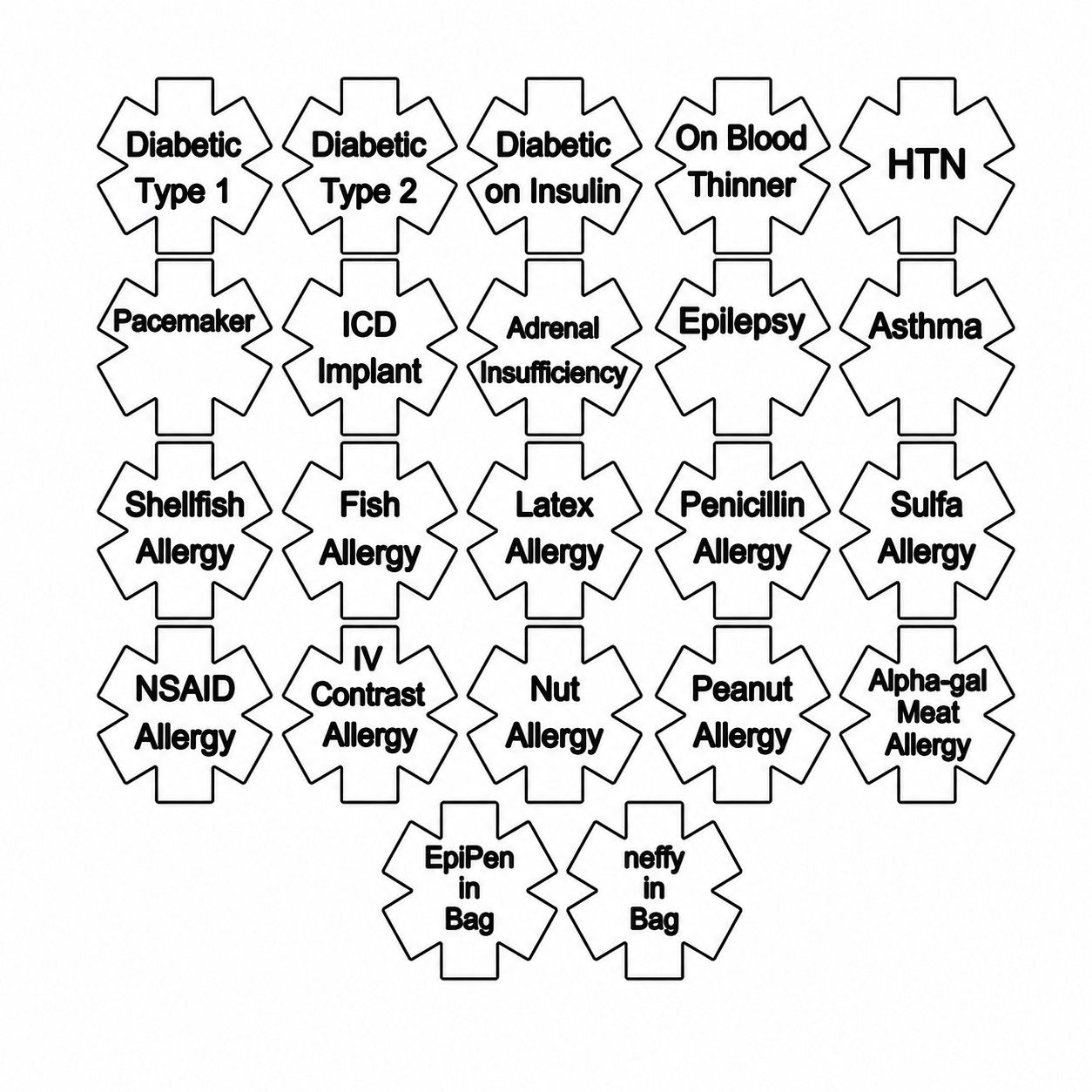 A black-and-white diagram detailing the pre-engraved options available for a medical ID star of life charm. Shows multiple medical-style Star of Life symbols arranged in rows, including conditions such as Diabetic Type 1, Diabetic Type 2, HTN, Epilepsy, Asthma, Shellfish Allergy, Latex Allergy, Penicillin Allergy, NSAID Allergy, IV Contrast Allergy, Nut Allergy, Peanut Allergy, and EpiPen in Bag.