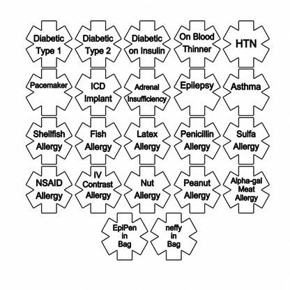 A black-and-white diagram detailing the pre-engraved options available for a medical ID star of life charm. Shows multiple medical-style Star of Life symbols arranged in rows, including conditions such as Diabetic Type 1, Diabetic Type 2, HTN, Epilepsy, Asthma, Shellfish Allergy, Latex Allergy, Penicillin Allergy, NSAID Allergy, IV Contrast Allergy, Nut Allergy, Peanut Allergy, and EpiPen in Bag.