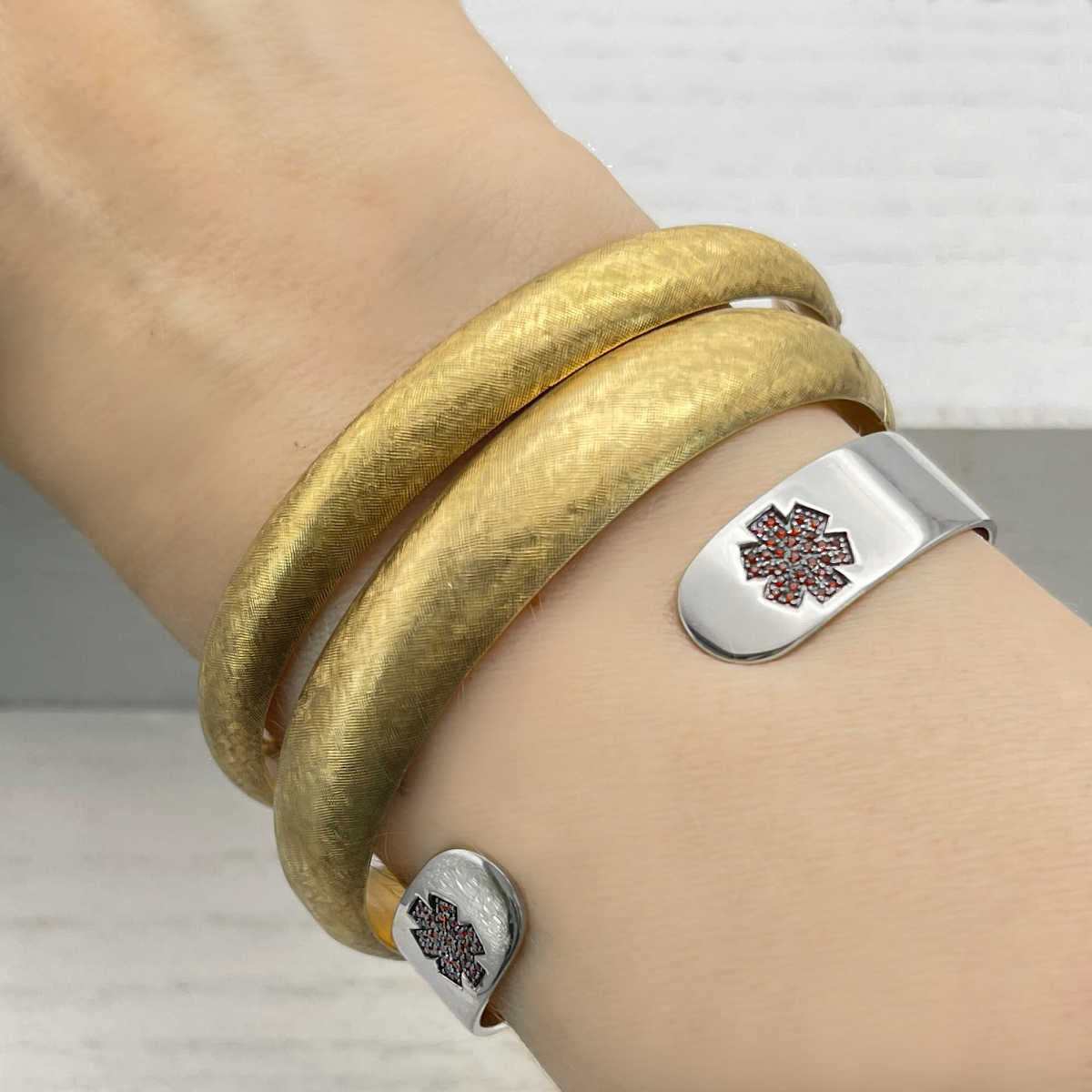 Medical Alert Cuff Bracelet in Sterling Silver and Garnet