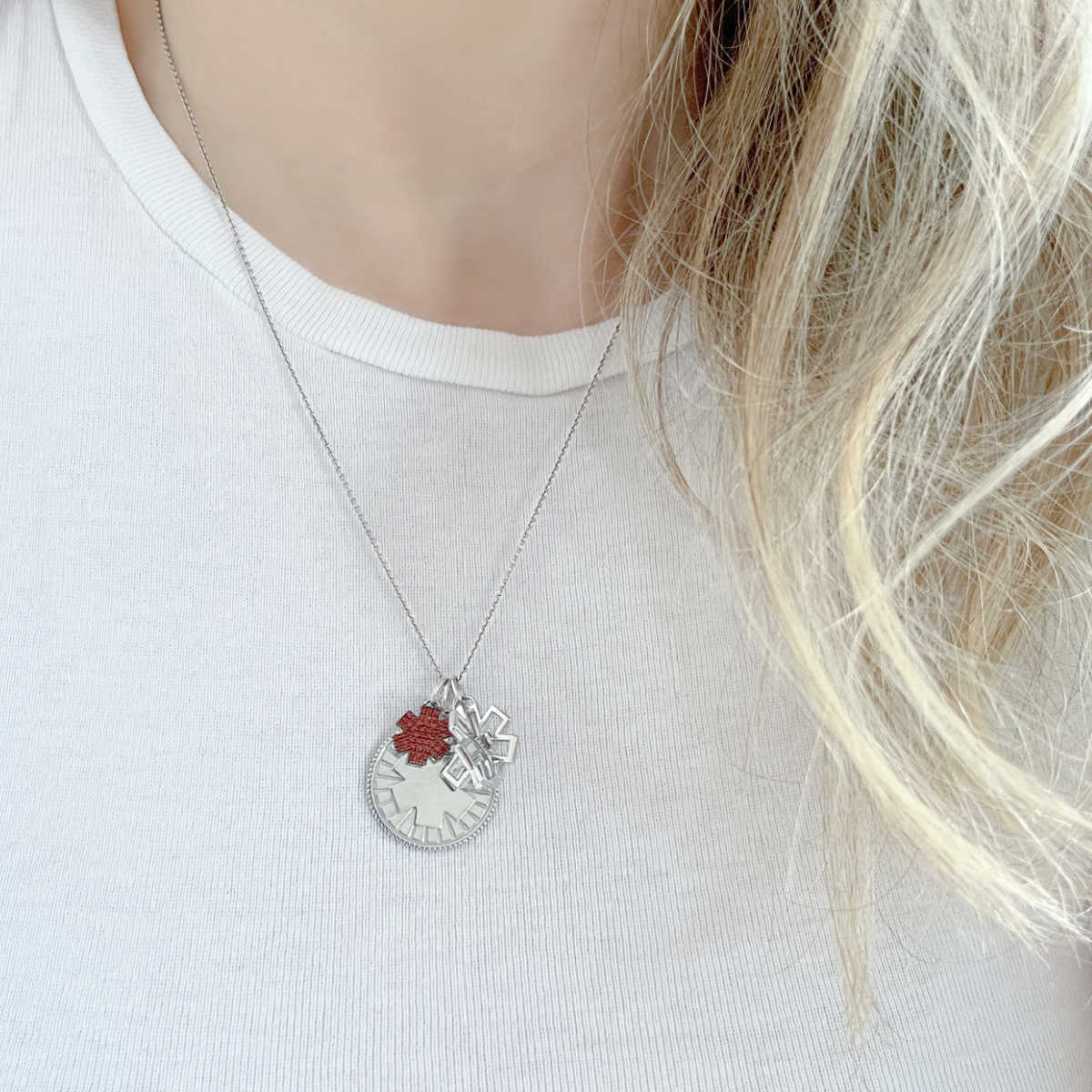Sterling Silver Medical Alert Necklace | Silver Medical ID Charm for Necklace or Bracelet | Women’s Diabetic Bracelets | Charmed Medical Jewelry