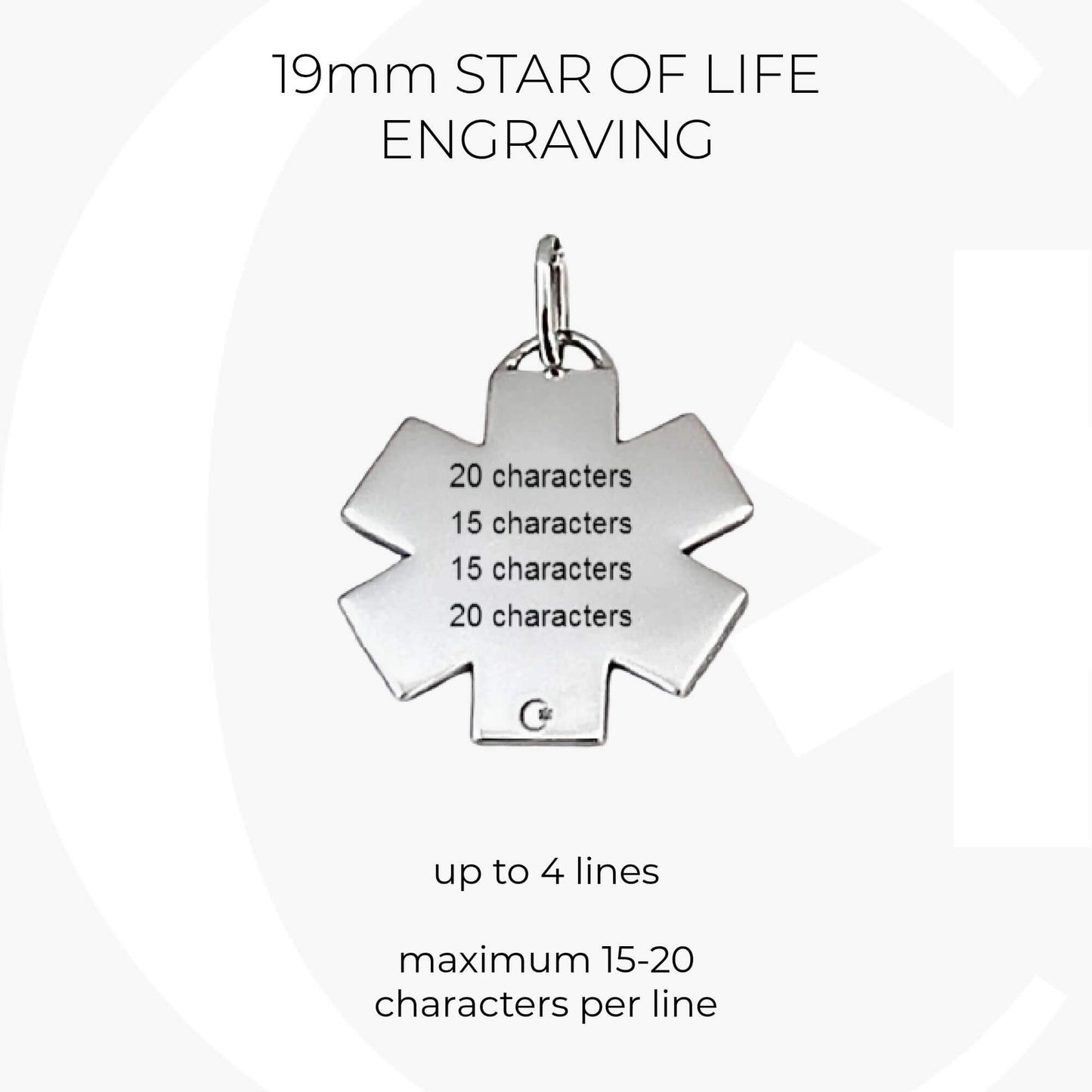 White gold medical ID infographic, custom engraving specs for 19mm star of life medical alert 