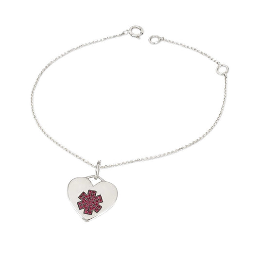 White Gold Heart Medical ID Bracelet, Custom Engraved Women's Alert, Solid 14k and Ruby, Charmed Medical Jewelry