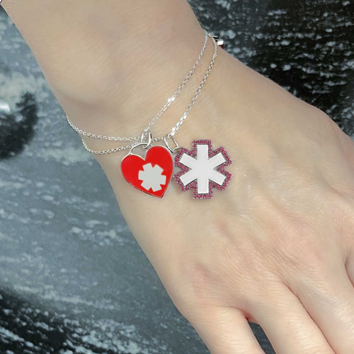 White Gold Medical ID Bracelets on Model | CHARMED Medical Jewelry