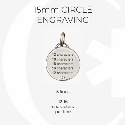White gold medical ID circle charm infographic, custom engraving specs for 15mm medical alert  bracelet or necklace