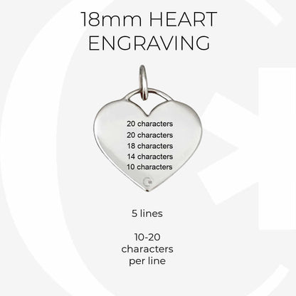 White gold medical ID heart charm infographic, custom engraving specs for 18mm medical alert 