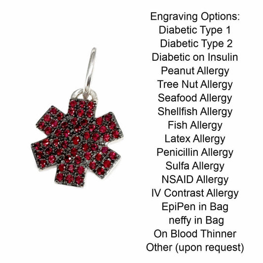 Medical ID Charm in 14k White Gold and Ruby. Medical Alert Star of Life with listing of engraving options.