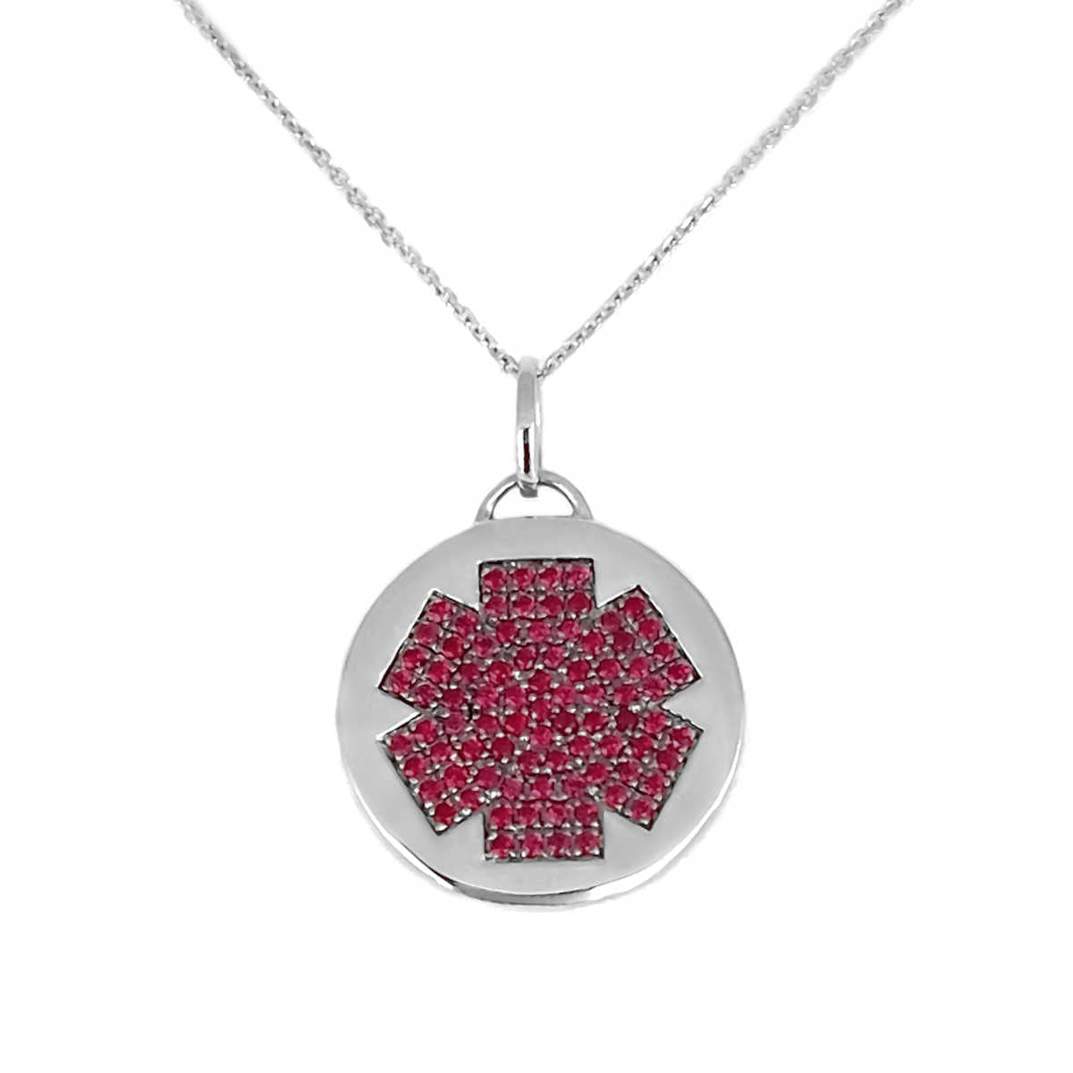 White Gold & Ruby Medical Alert Necklace | Engraved ID Pendant from CHARMED Medical Jewelry