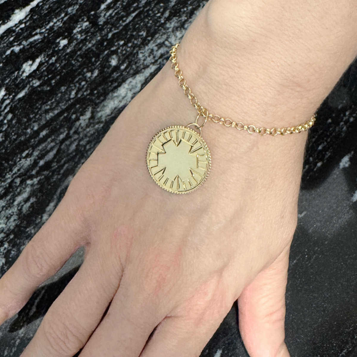 Woman Wearing Gold Medical ID Medallion Bracelet. Custom Engraved Gold Plated Sterling Silver Medical Alert Jewelry