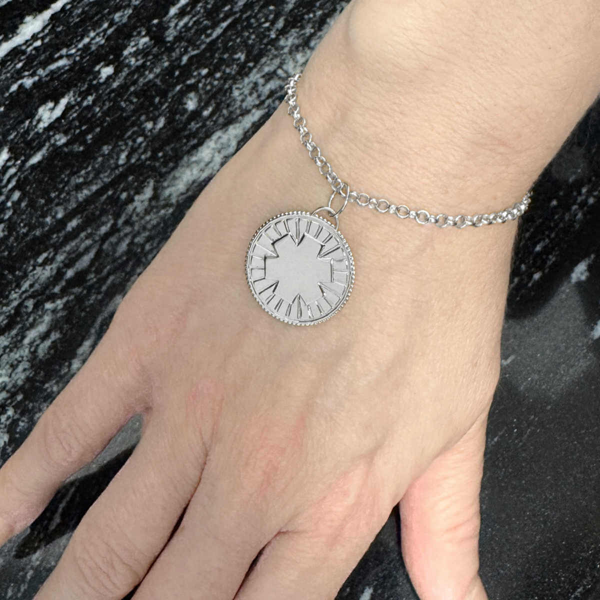 Woman Wearing Medical ID Medallion Bracelet. Custom Engraved Sterling Silver Medical Alert Jewelry