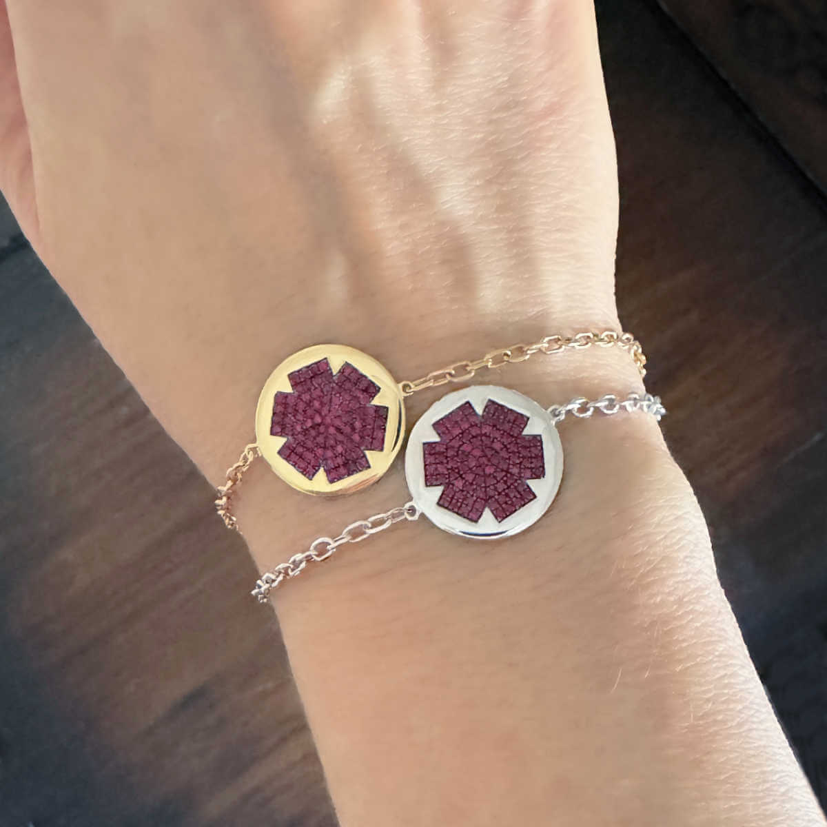 Woman Wearing Medical ID Bracelets, 14k Yellow and White Gold Medical Alerts with Rubies and Personalized Engraving