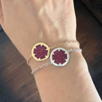 Woman Wearing Medical ID Bracelets, 14k Yellow and White Gold Medical Alerts with Rubies and Personalized Engraving