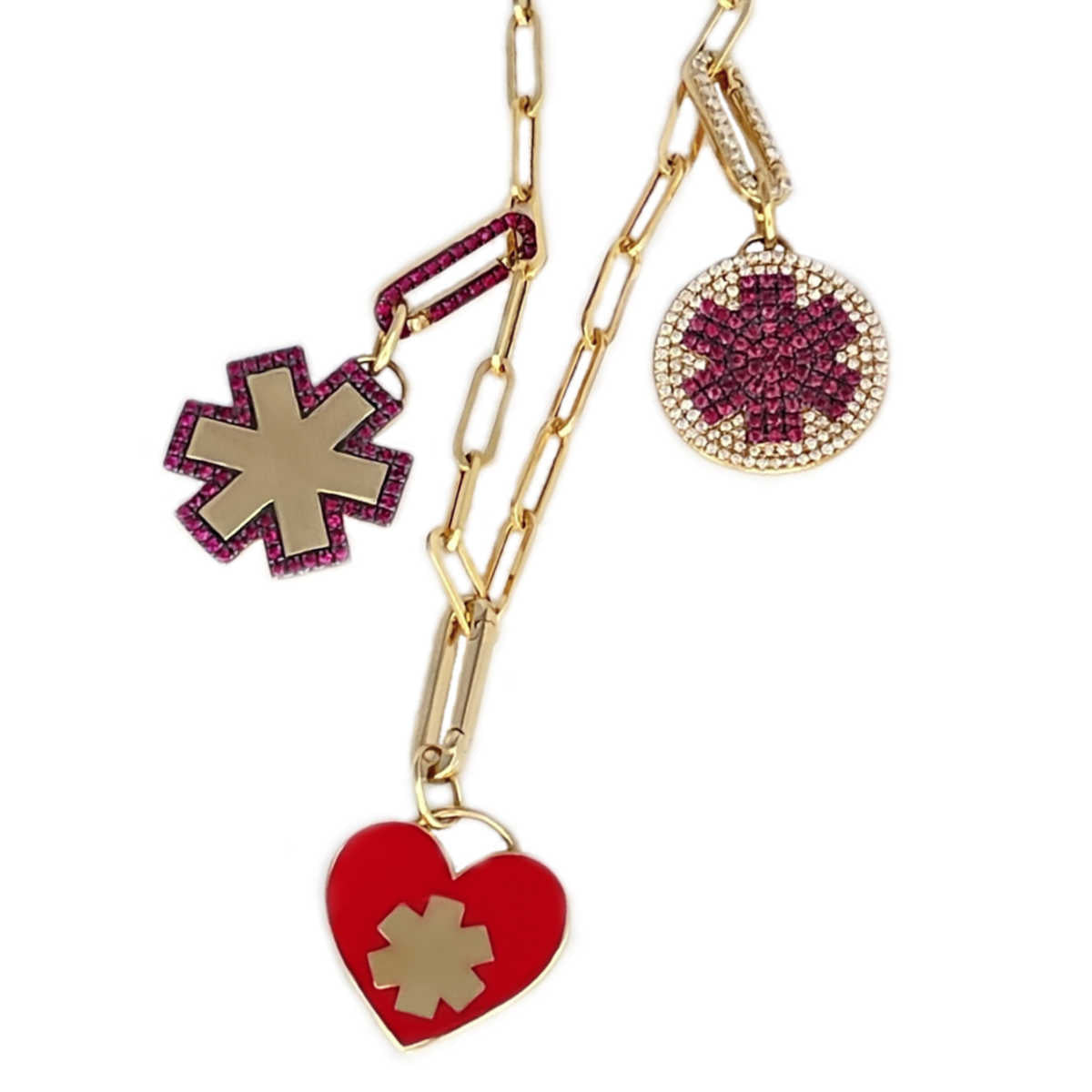 14k Gold Charm Holder with Ruby for Medical Alert Bracelet, Necklace, Pendant | Multiple Charm Clip Connector