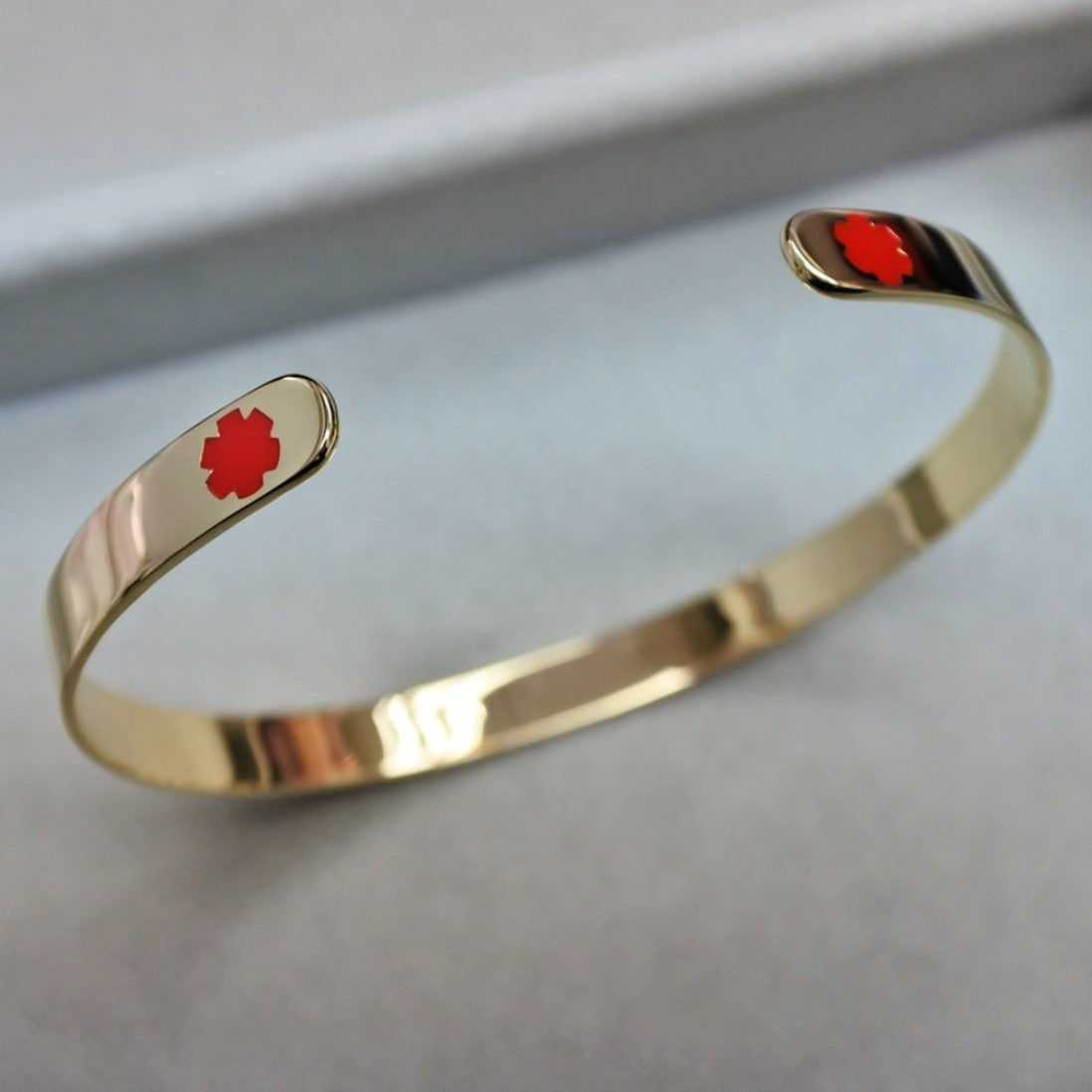 Medical ID Star of Life Cuff Bracelet from Charmed Medical Jewelry - 14K Gold Red Enamel