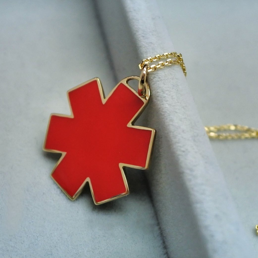 Medical ID Star of Life Charm Necklace Bracelet from Charmed Medical Jewelry - 14K Gold Red Enamel