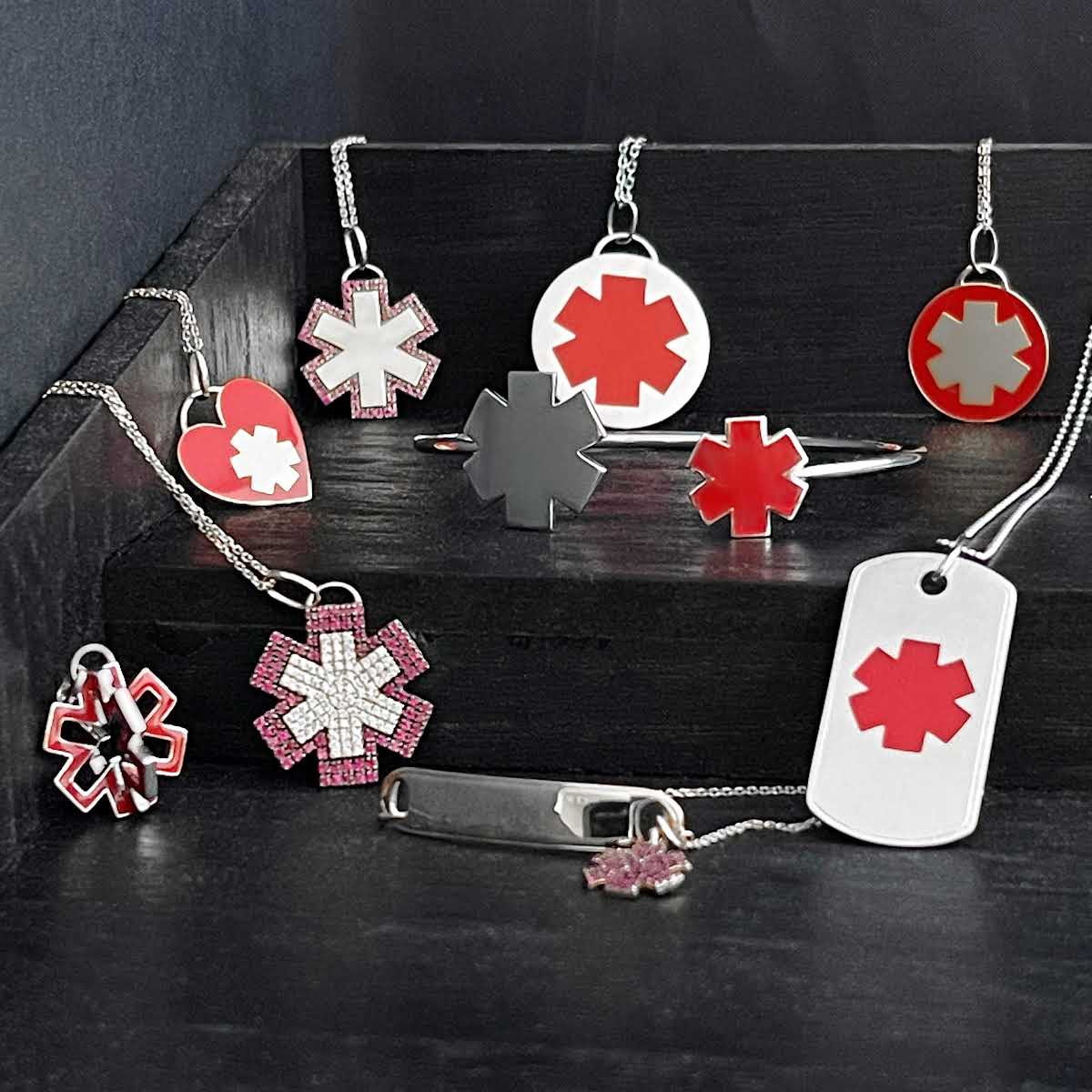 White Gold & Red Enamel Medical Alert Necklace & Bracelet Collection | Engraved Medical ID Pendant Charm | Shop CHARMED Medical Jewelry