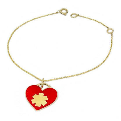Heart Shaped Gold Medical Alert Bracelet with Red Enamel | 14k Solid Gold Medical ID | Stylish Engraved Medical Bracelets