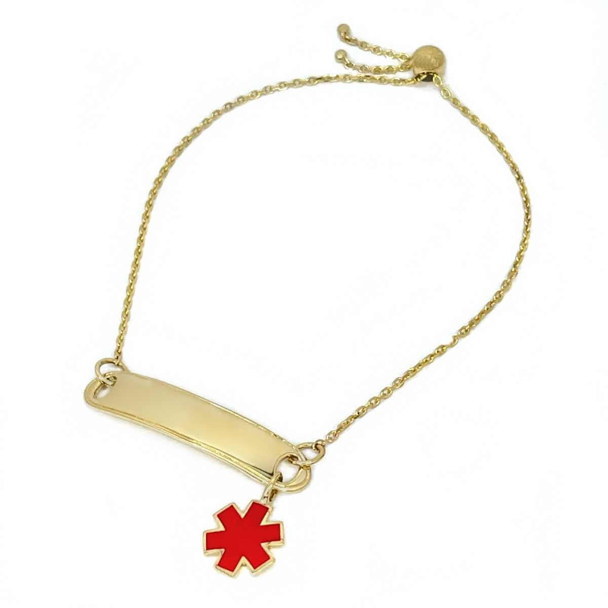 Woman Wearing 2 Medical ID Bracelets. Custom Engraved 14k Gold Medical Alert Jewelry with Rrd Enamel Star of Life