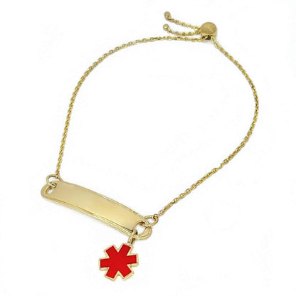 Woman Wearing 2 Medical ID Bracelets. Custom Engraved 14k Gold Medical Alert Jewelry with Rrd Enamel Star of Life