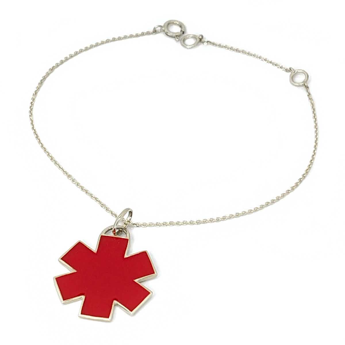 White Gold & Red Enamel Star of Life Medical Bracelet | Engraved Medic ID | Charmed Medical Jewelry