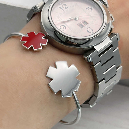 White Gold Medical Alert Bracelet | Symbol Cuff | Stylish Medical Alerts for Women | Diabetic, Allergy, & Epilepsy Bracelets | Charmed Medical Jewelry 