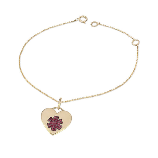 Gold Heart Medical ID Bracelet, Custom Engraved Women's Alert, Solid 14k and Ruby, Charmed Medical Jewelry