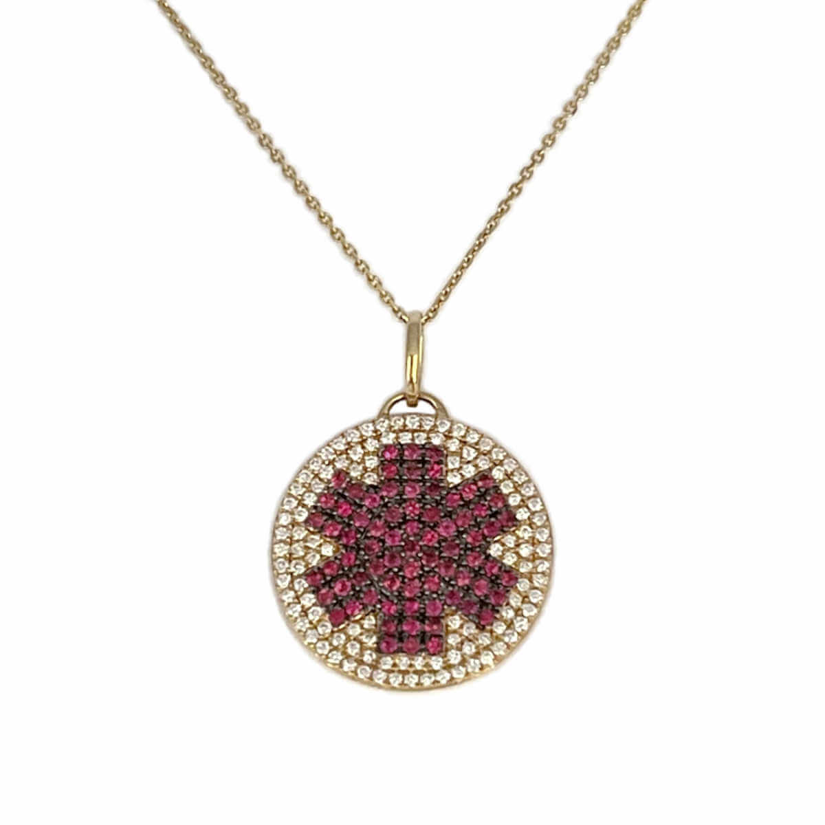 Medical ID Necklace in 14k Gold, Diamond, and Ruby. Medical Alert Pendant with Personalized Engraving