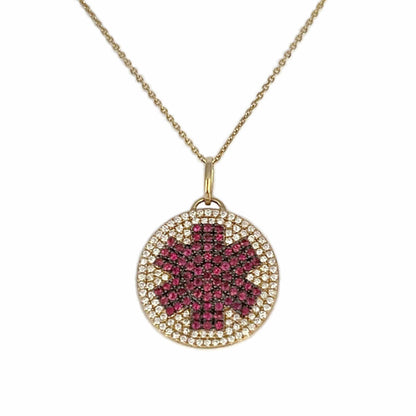 Medical ID Necklace in 14k Gold, Diamond, and Ruby. Medical Alert Pendant with Personalized Engraving