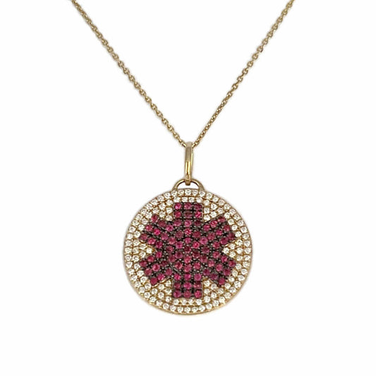 Medical ID Necklace in 14k Gold, Diamond, and Ruby. Medical Alert Pendant with Personalized Engraving