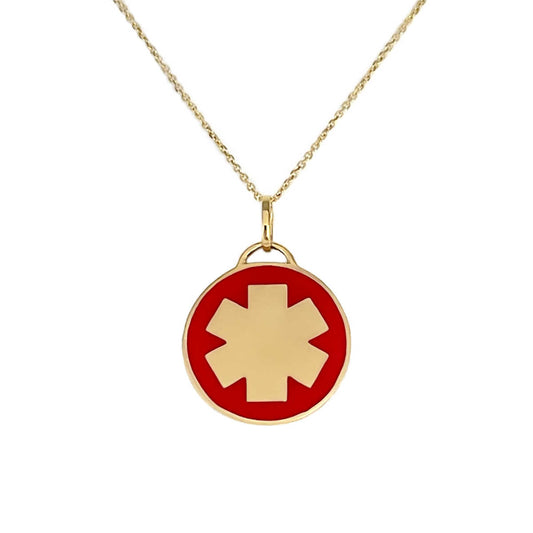 Gold & Red Enamel Medical Alert Charm Necklace | Custom Engraved Medical ID | Shop CHARMED Medical Jewelry